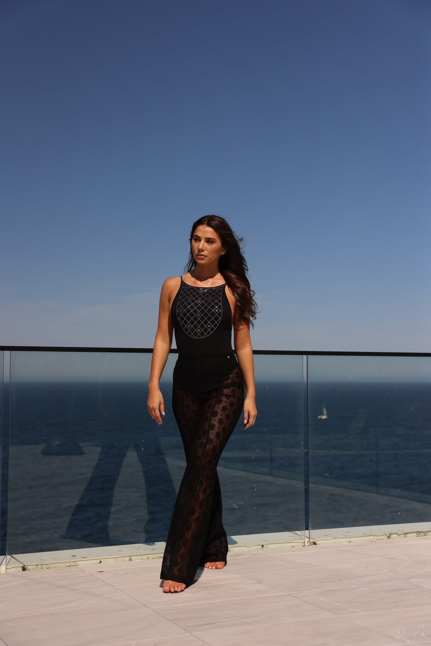 CHANEL CRYSTAL SWIMSUIT WITH CHANEL LACE PANTS