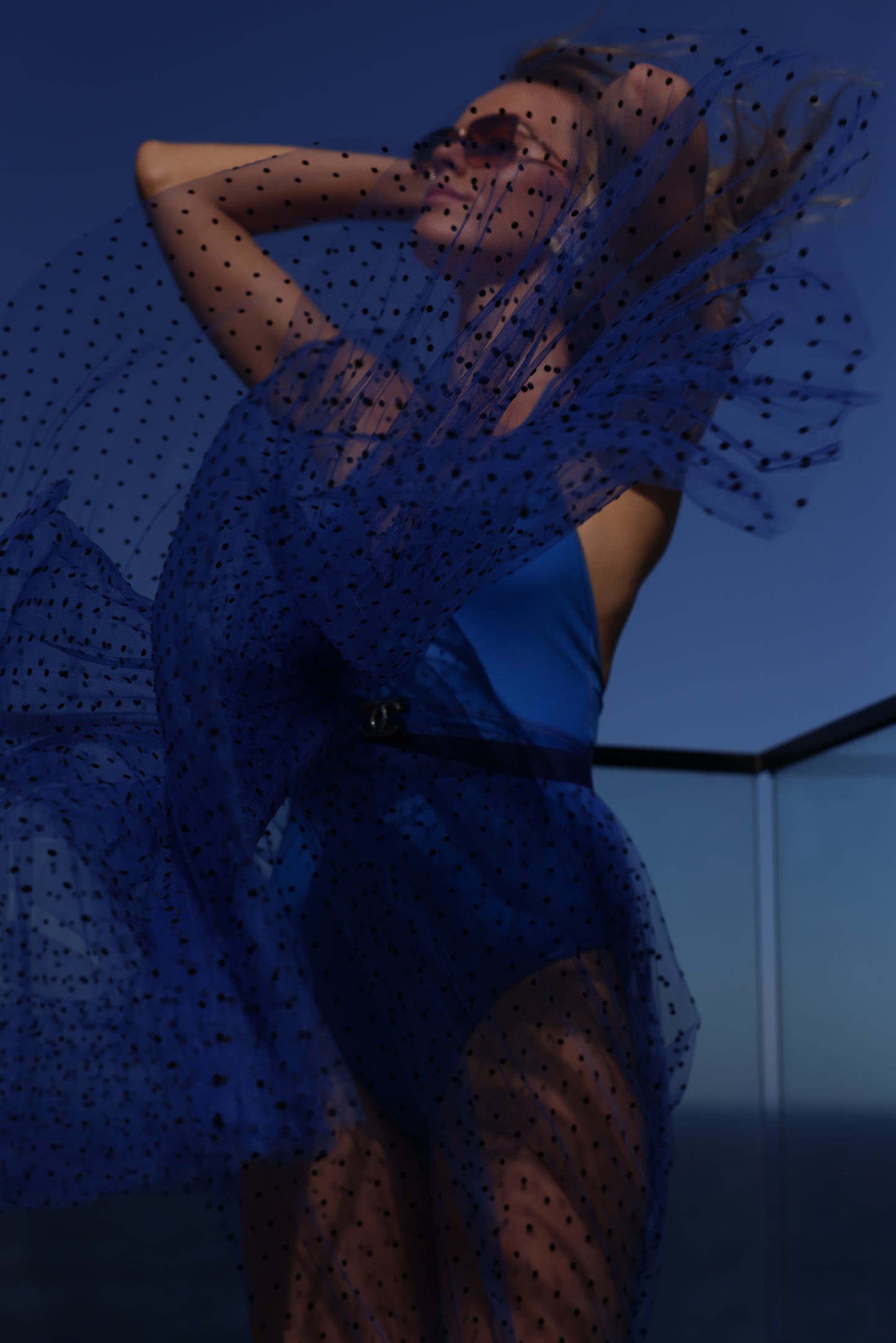 CHANEL BLUE BODYSUIT AND KHAITE SHIRT
