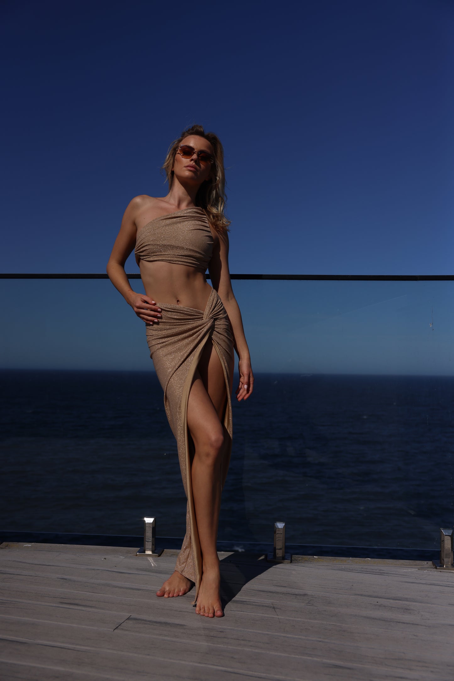 GOLD ONE SHOULDER CROP AND MAXI SKIRT